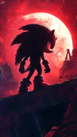 Cinematic digital silhouette of heroic hedgehog against red moon.