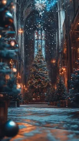 Grand cathedral aisle with illuminated Christmas tree decor.