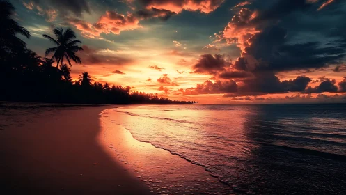 Tropical shore sunset under dramatic glowing clouds.