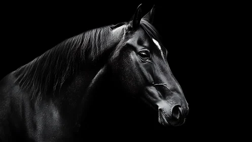 Black horse head profile on deep black studio background.