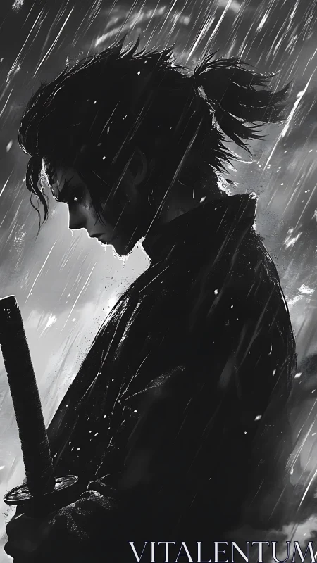 Solitary samurai silhouette in storm-soaked grayscale rain.