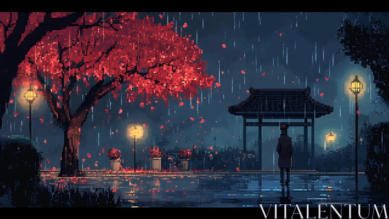 Pixelated night rain scene shows lone figure in park