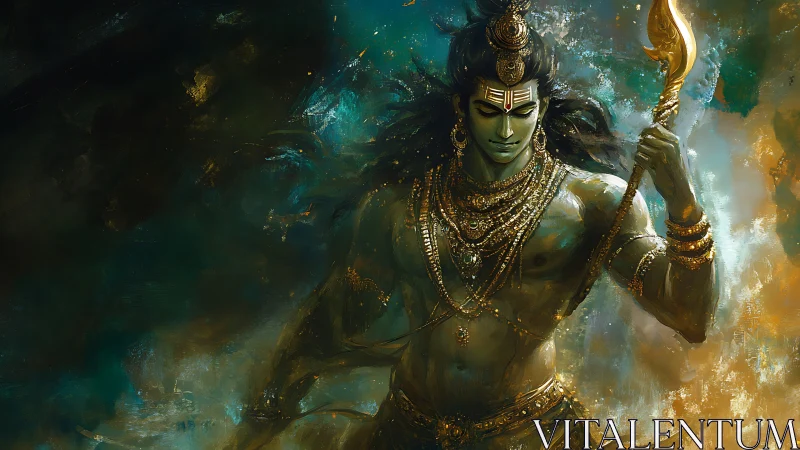 Warrior deity figure holding trident in dynamic pose.