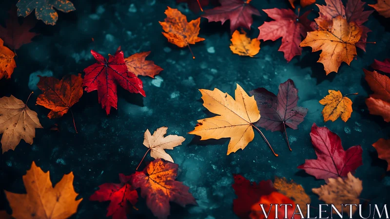 Autumn maple leaves on dark wet ground with controlled shallow focus