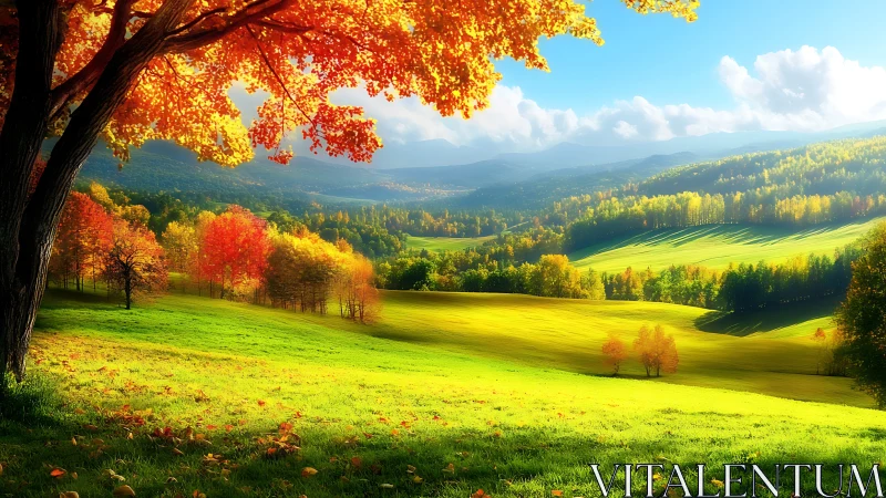 Sunlit autumn valley renders vibrant chromatic depth and clarity