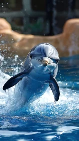 Dolphin breaks water surface mid jump in bright pool