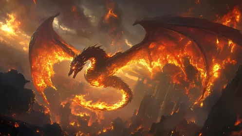 Volcanic-winged draconic entity over collapsing magma citadel.