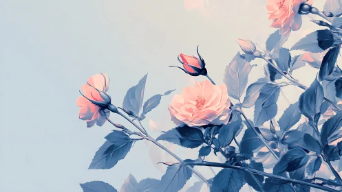 Coral Roses Dance Through Indigo Dreams.