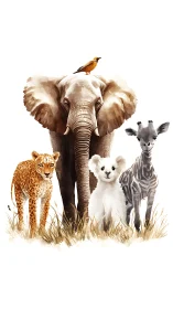 Watercolor safari juveniles align beneath a central elephant