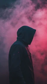 Hooded silhouette in magenta smoke with cinematic rim lighting