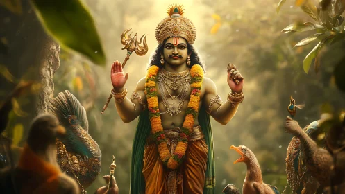 Divine figure stands in forest clearing surrounded by birds