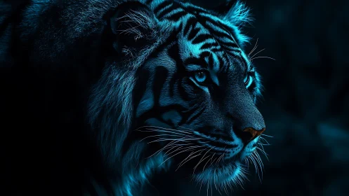 Tiger portrait is rendered in blue low key side lighting