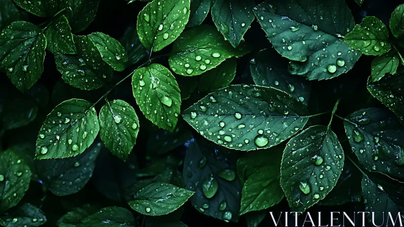 Rain-kissed emerald leaves glowing in deep forest hush.