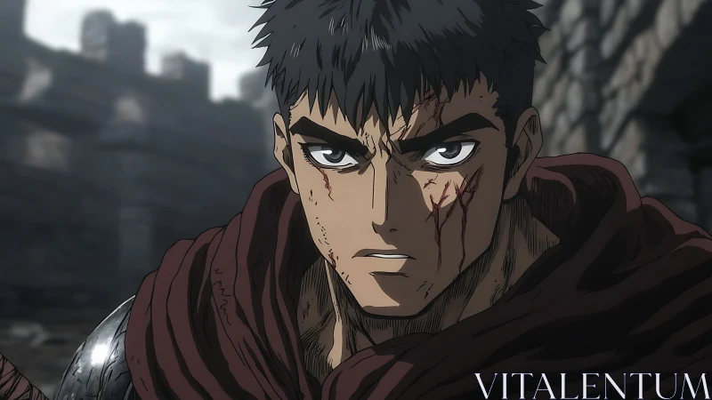 Battle-worn anime swordsman with cloak in stone setting.