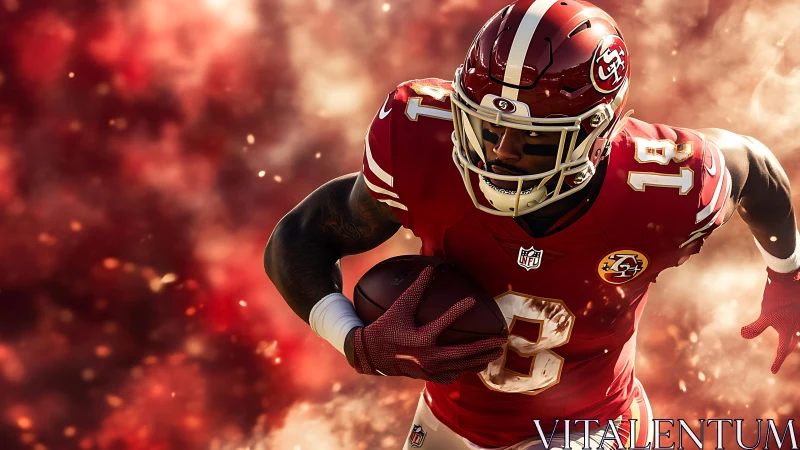 Football player sprints forward through dynamic red smoke