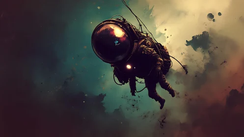 Solitary astronaut figure drifts within diffuse cosmic cloud