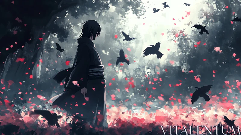 Solitary wanderer walks through crows and drifting petals