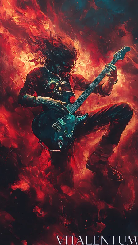 Flaming rock guitarist shreds through swirling inferno of sound.