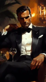Velvet-lit gentleman brooding in tuxedoed midnight hush.