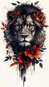 High-contrast lion portrait integrates ink linework and floral splashes