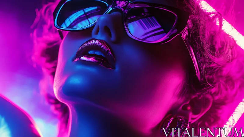 Neon-drenched portrait of woman in reflective sunglasses.