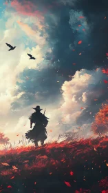 Lone wanderer under stormy sky on red autumn field.