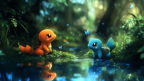 Bioluminescent forest stream with dual elemental creatures.