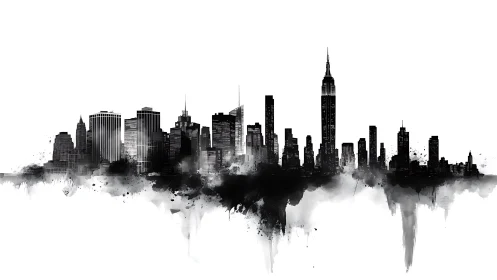 Monochrome ink skyline with dripping watercolor city silhouettes