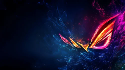 Abstract neon emblem forms emerge from dark digital field