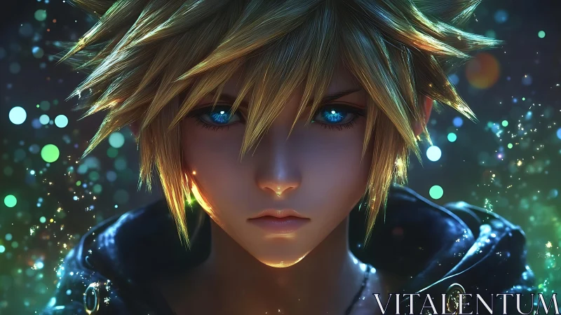 Luminous blue-eyed anime hero framed by high-bokeh particle field