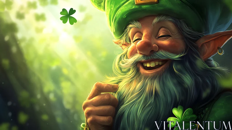 Smiling forest leprechaun under glowing clover light rays.