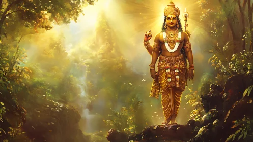 Sunlit forest deity strides through cascading golden radiance.