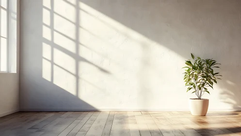 Minimalist room with potted plant and morning window light.