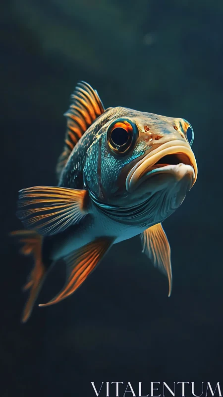 High-contrast telephoto portrait of single orange-finned reef fish