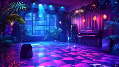 Neon-lit lounge with dreamy piano and tropical plants.