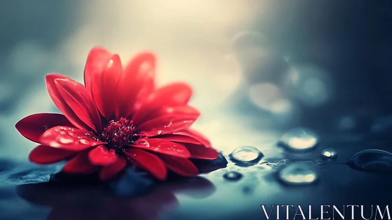 Red dahlia positioned on reflective surface with water droplets.
