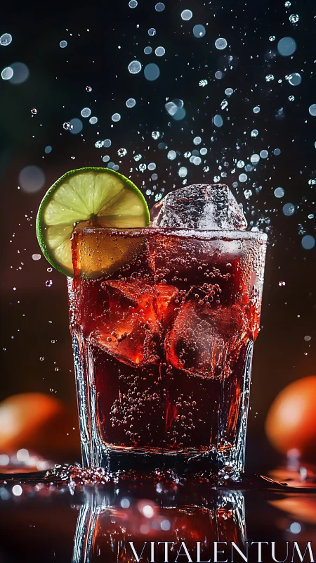 High-speed carbonated beverage capture with ice crystallization and citrus garnish slice.