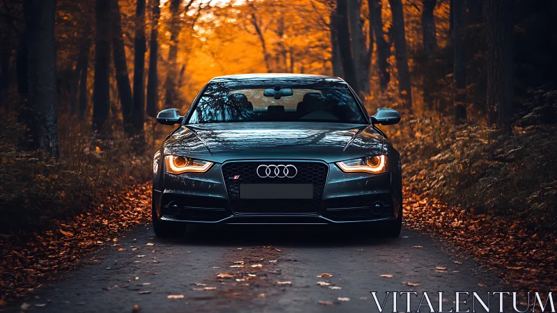 Sport sedan glows against dramatic autumn forest backdrop.