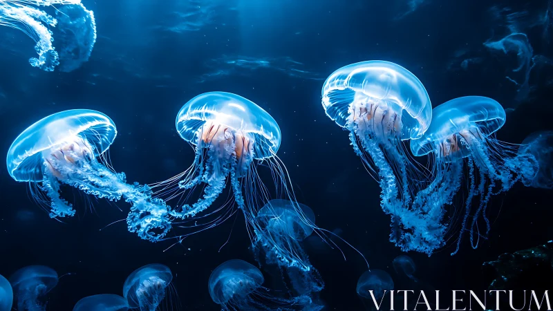 Bioluminescent jellyfish drift through dark blue ocean depth