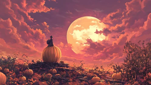 Child silhouetted on pumpkin under luminous harvest moon