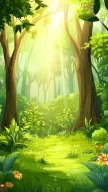 Forest glade with mature trees and flowering vegetation in bright sunlight