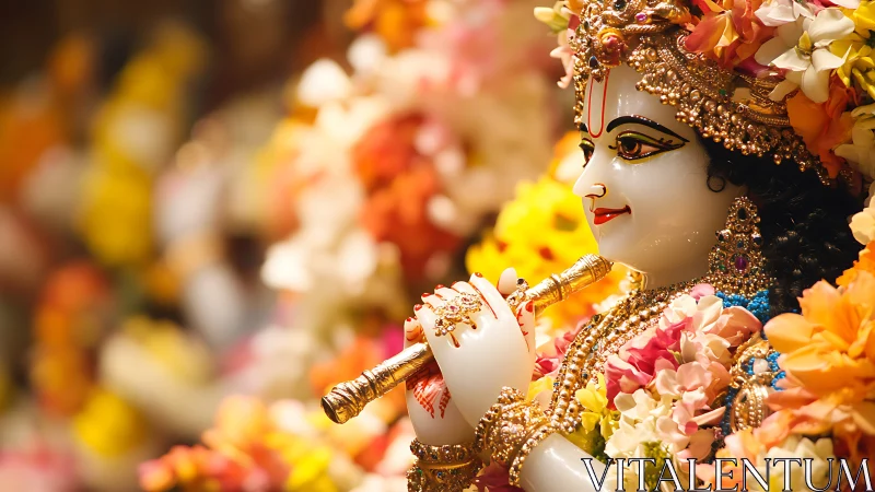 Golden flute deity smiles amid bright garlands of flowers