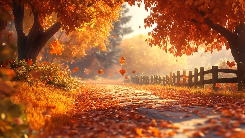 Golden autumn lane lined with glowing trees and gentle light.