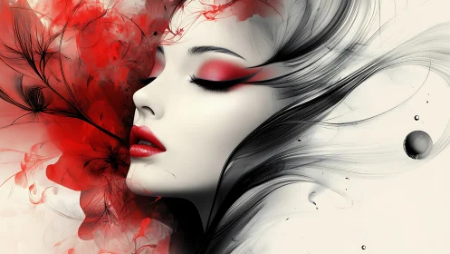 Abstract female profile with red and black flowing forms.