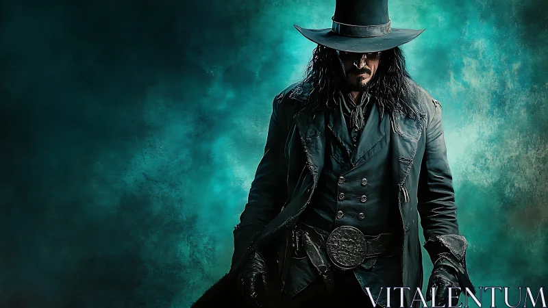 Dark coated gunslinger stands against teal smoky backdrop