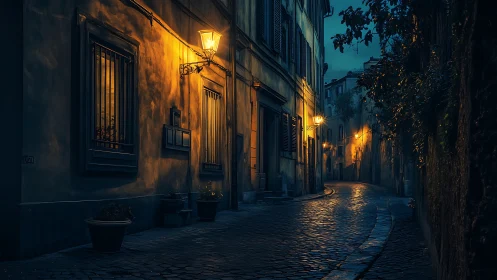 Nocturnal cobblestone alleyway under sodium-vapor lanterns.