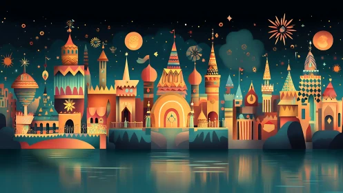 Whimsical geometric skyline with luminous fantasy towers.