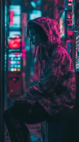 Neon hooded loner resting in glitch-lit cyber arcade hush.
