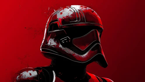 Crimson helm of the faceless trooper in blood-red silence.