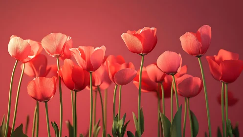 Red Tulips Against Pink Background.